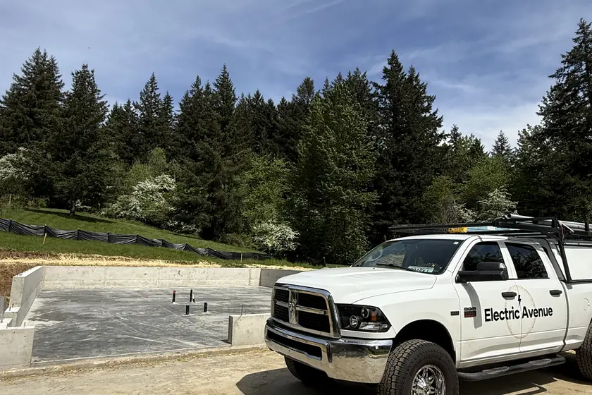 Electric Avenue truck at a new construction electrical job site near Portland, Oregon